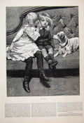 Original Old Antique Print 1884 Children Sitting Whispering Dog Fine Art 19th