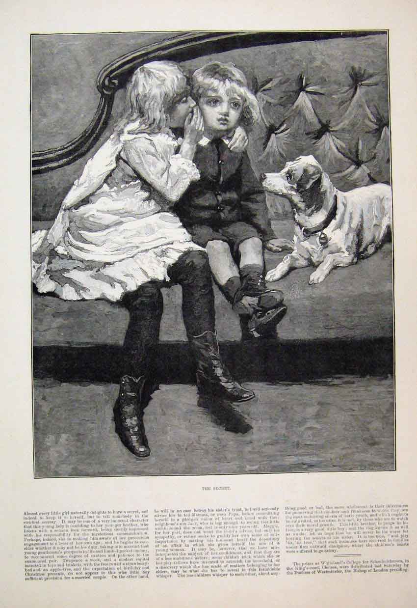 Original Old Antique Print 1884 Children Sitting Whispering Dog Fine Art 19th