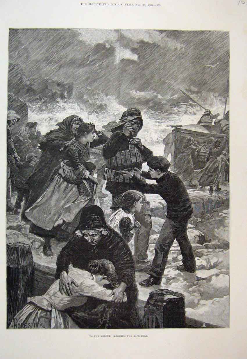 Original Old Antique Print 1885 Life Boat Stormy Sea Children Fine Art 19th