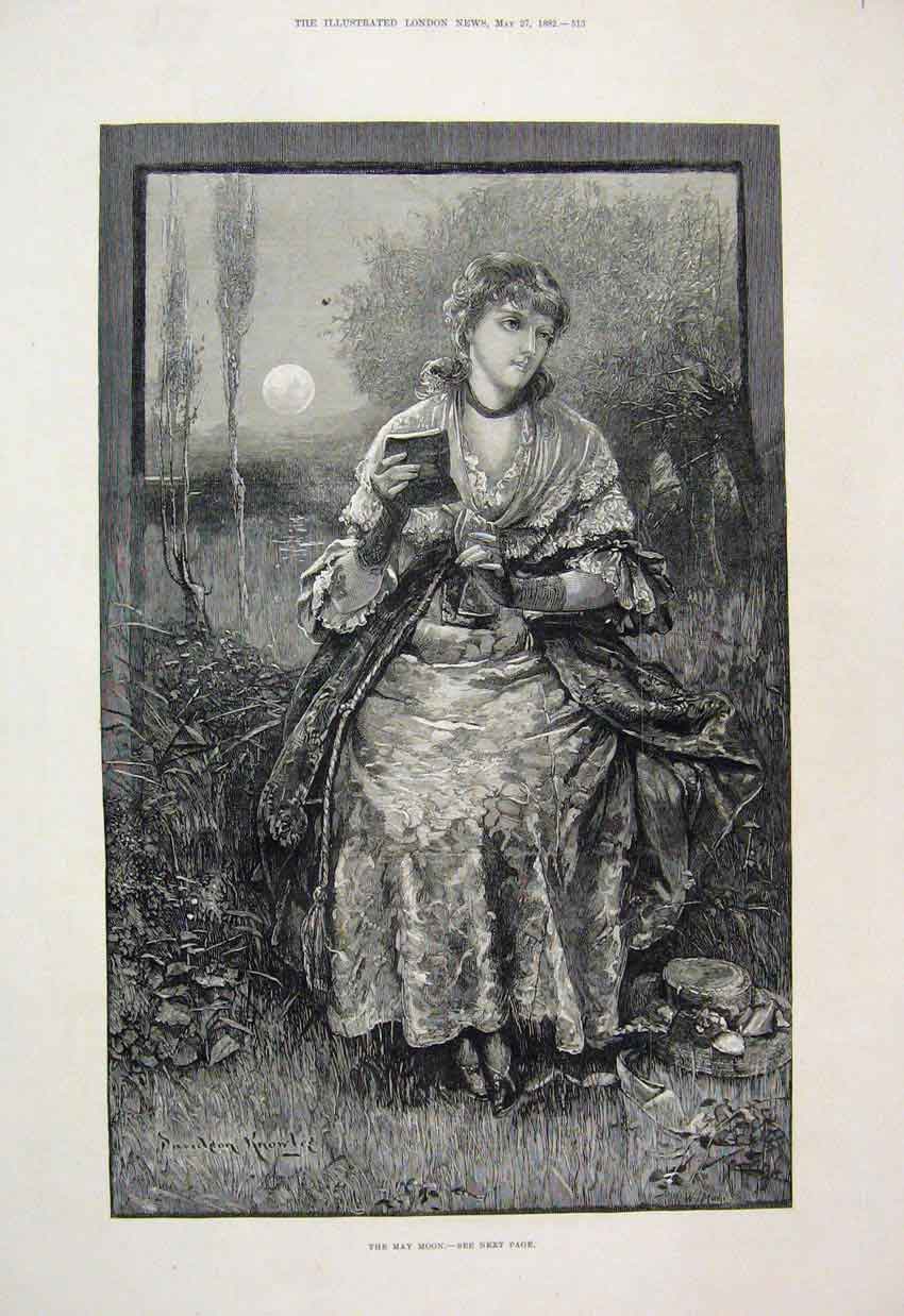 Original Old Antique Print 1882 May Moon Woman Country Scene Fine Art Victorian