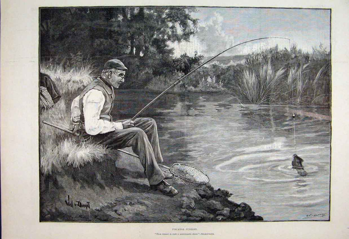 Original Old Antique Print 1890 Piscator Puzzled Man Fishing Net River Fine Art
