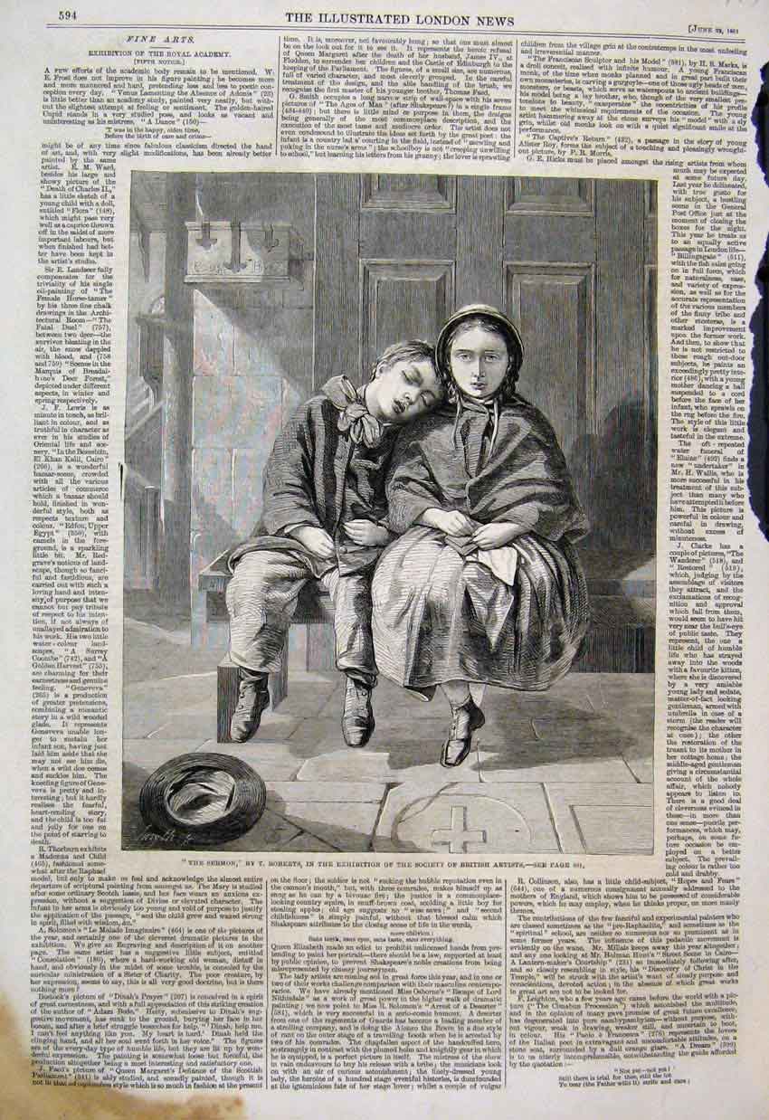 Original Old Antique Print 1861 Sermon Children Sleeping Church Fine Art 19th