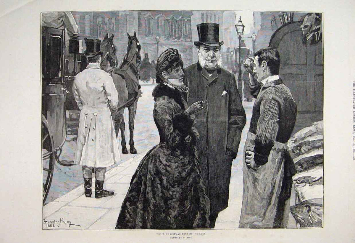 Original Old Antique Print 1883 Street Scene Turkey Christmas Dinner Fine Art