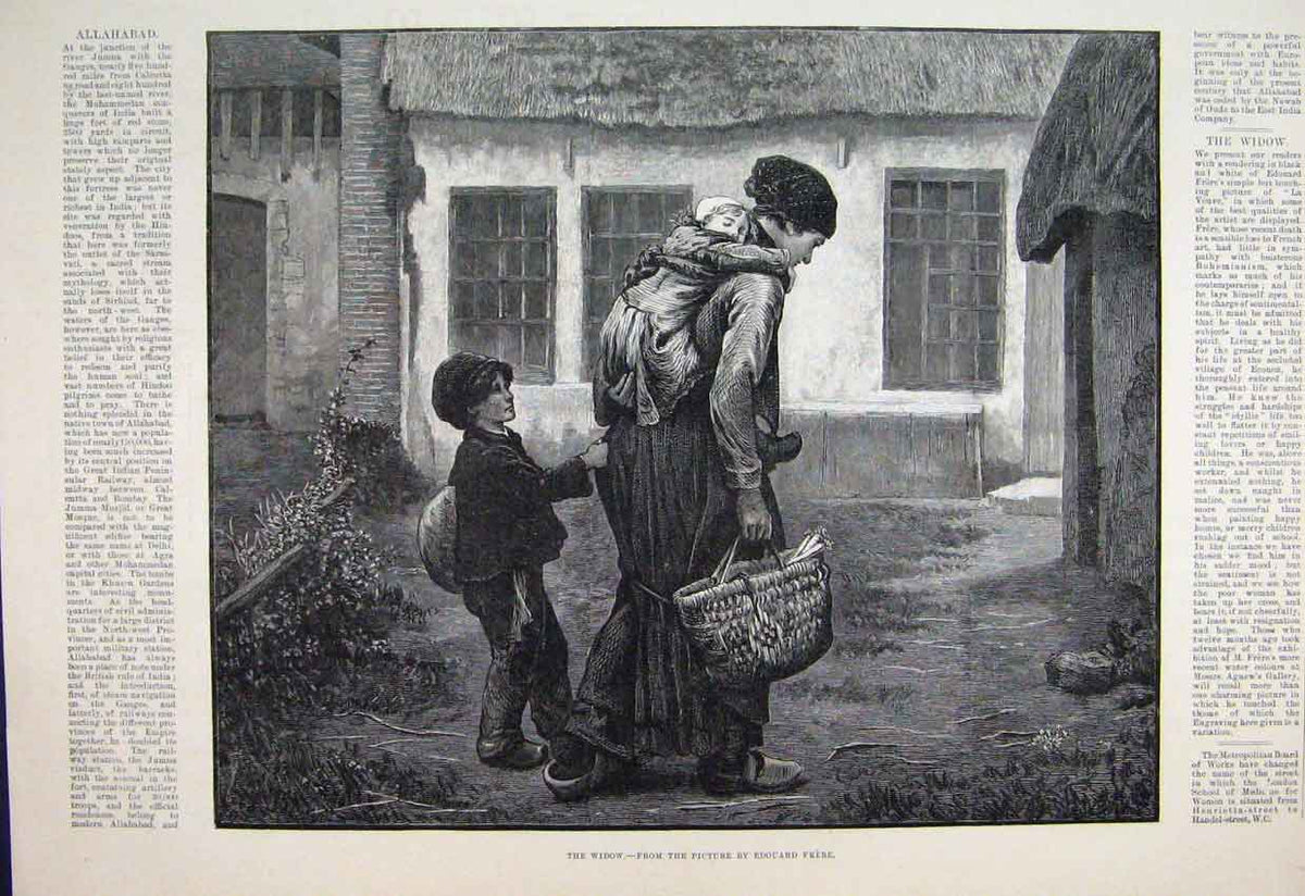 Original Old Antique Print 1887 Widow Woman Children Home Fine Art Victorian