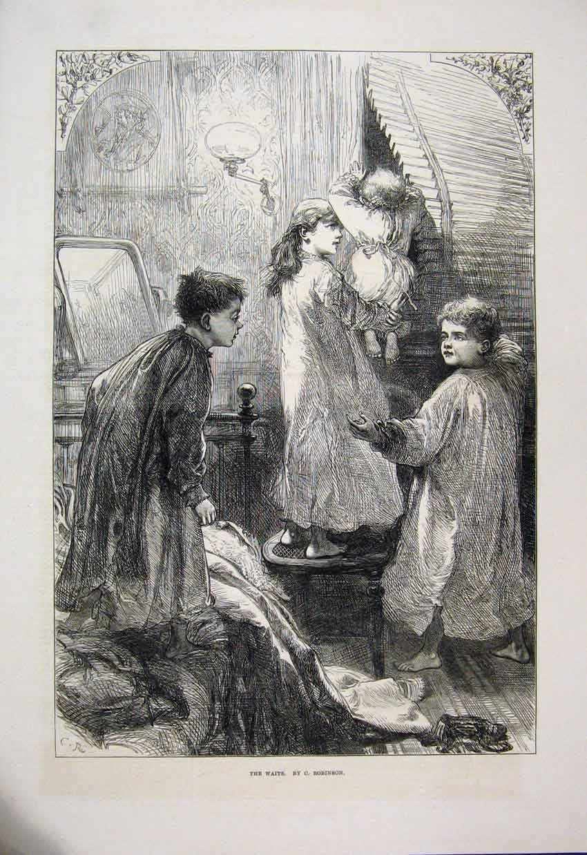Original Old Antique Print 1876 Waits Children Bedroom Window Fine Art 19th