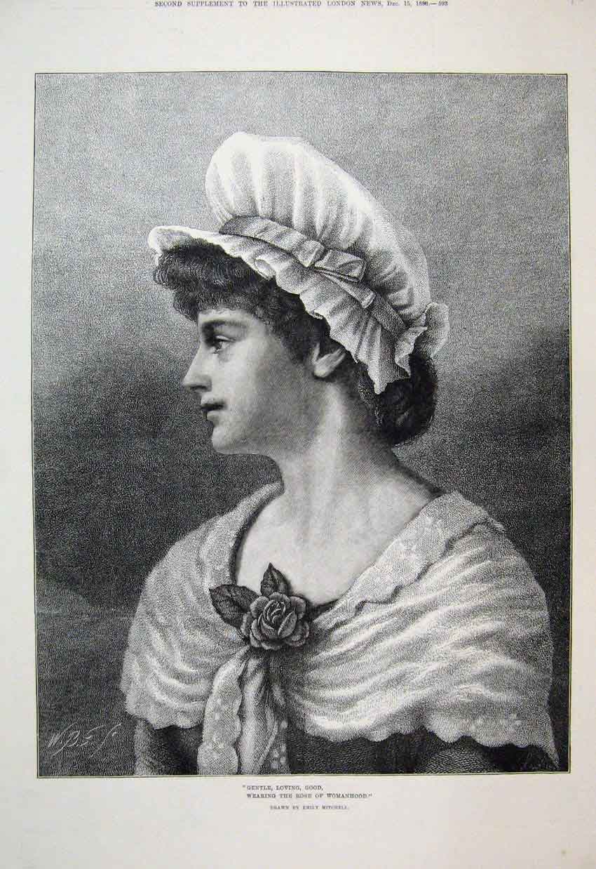 Original Old Antique Print 1883 Portrait Rose Womanhood Fine Art 19th
