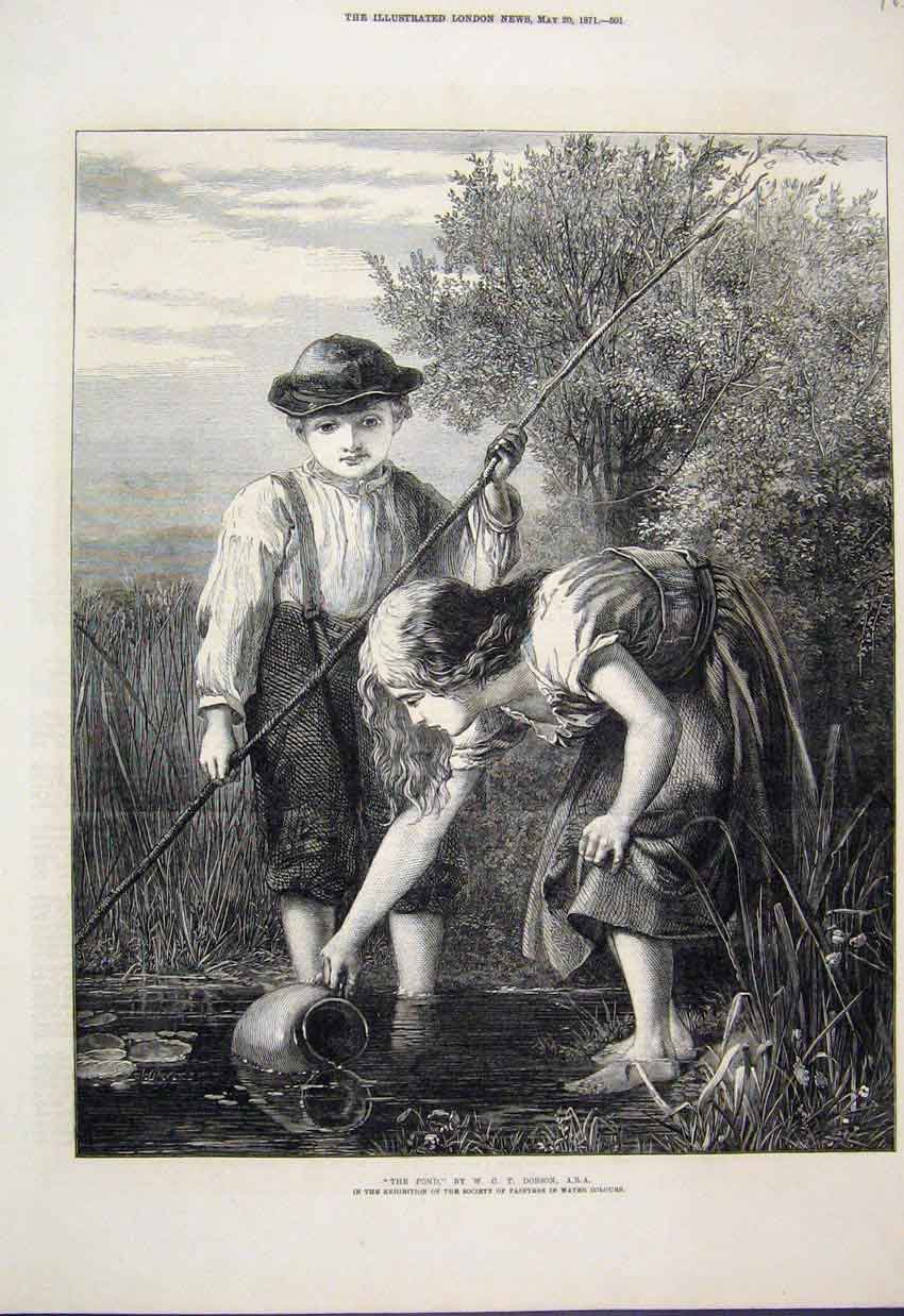 Original Old Antique Print 1871 Children Playing Pond Country Scene Fine Art