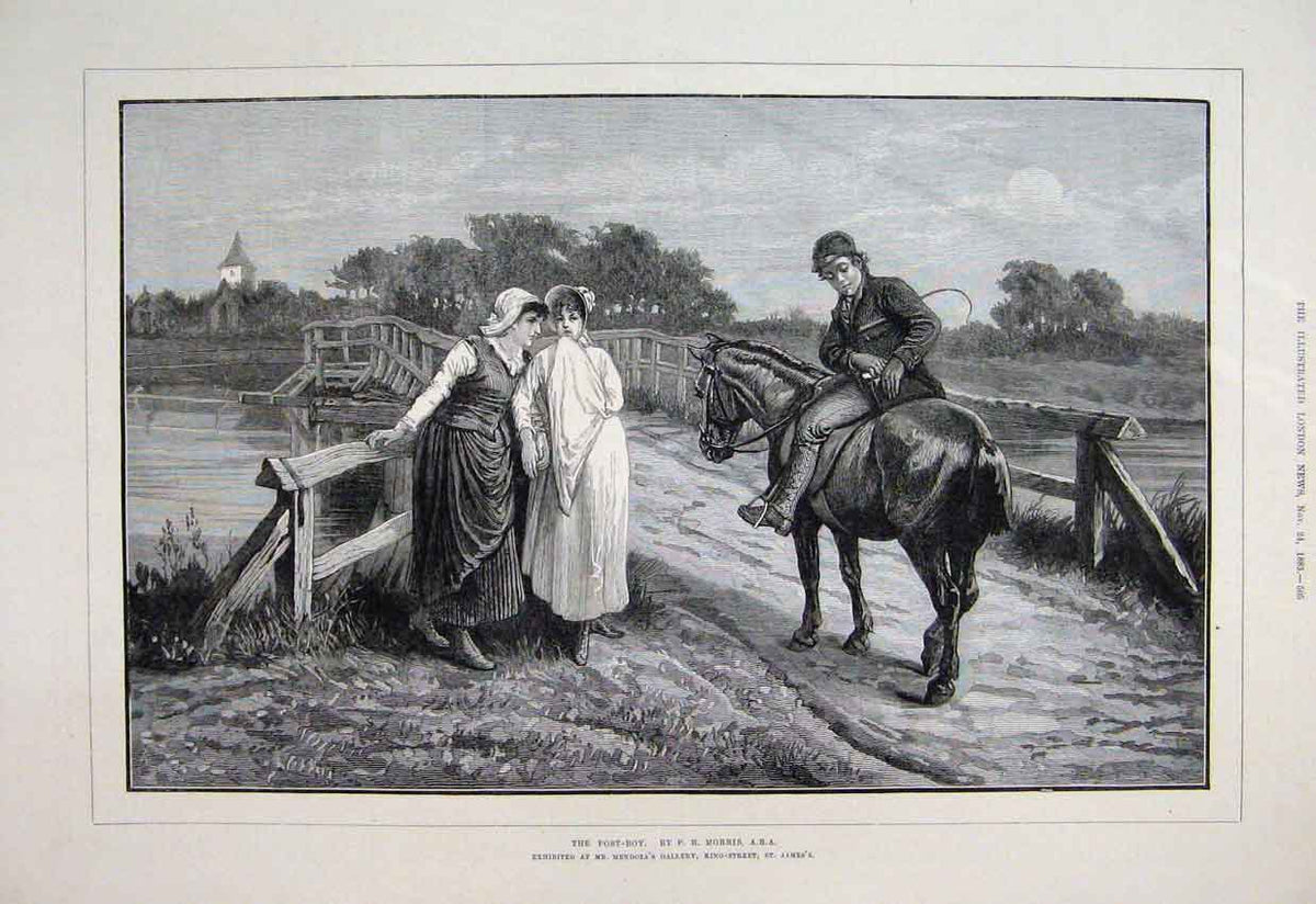 Original Old Antique Print 1883 Women Postboy Horse Bridge Fine Art Victorian