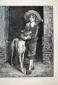 Original Old Antique Print 1885 Little Boy Dog Door Beautiful Fine Art 19th