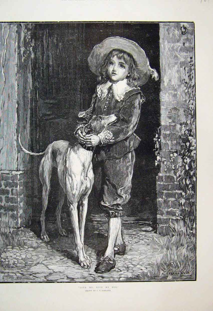 Original Old Antique Print 1885 Little Boy Dog Door Beautiful Fine Art 19th