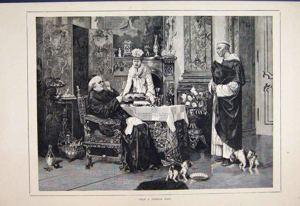 Original Old Antique Print 1879 Servant Food Priest Dogs Fine Art Victorian