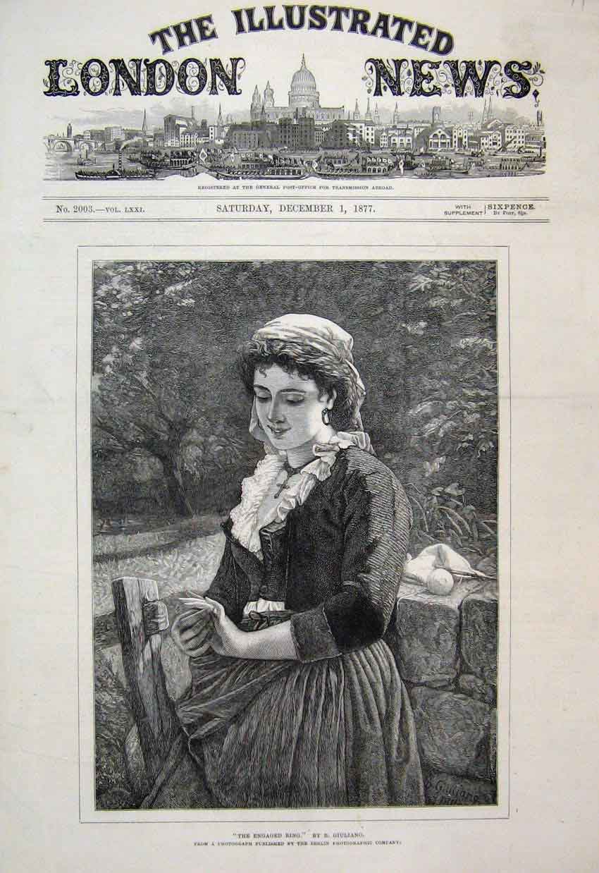 Original Old Antique Print 1877 Woman Engagement Ring Beautiful Fine Art 19th