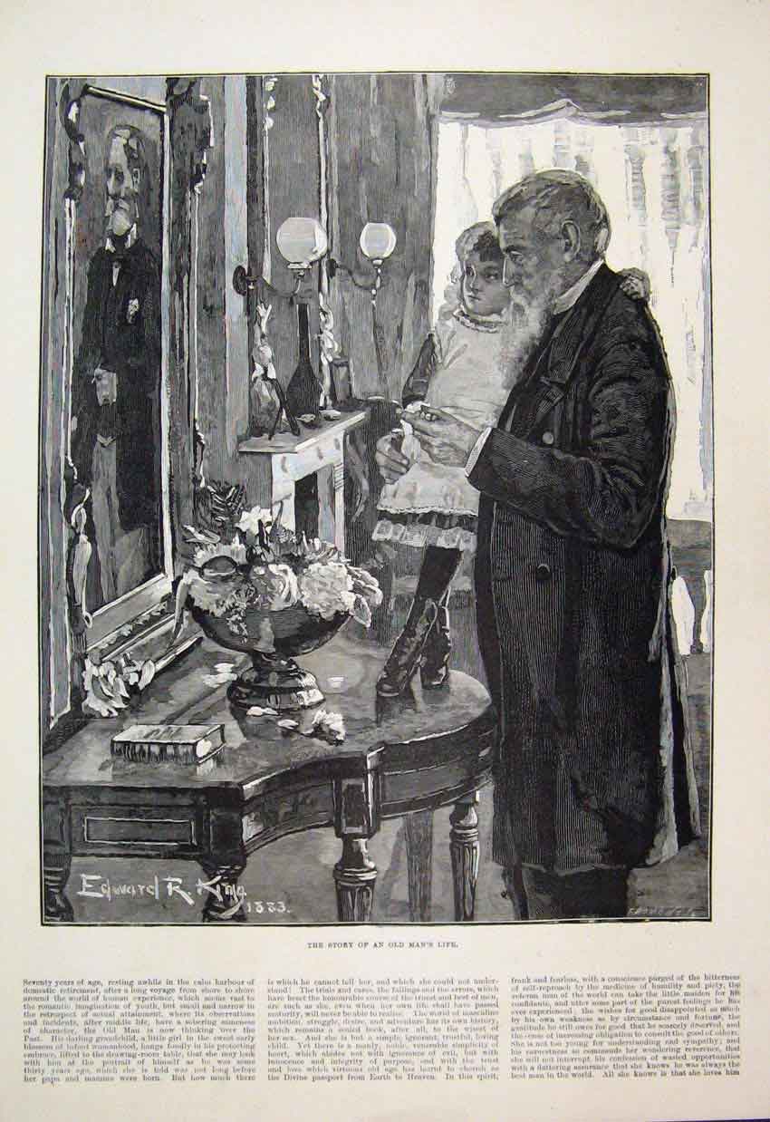 Original Old Antique Print 1884 Man Little Girl Story Beautiful Fine Art 19th