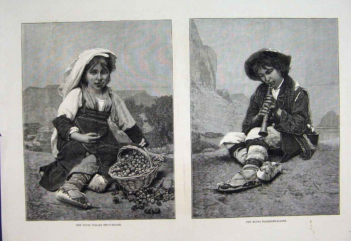 Original Old Antique Print 1876 Italian Fruit Seller Flageolet Player Fine Art