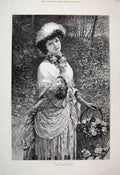 Original Old Antique Print 1885 Woman Gathering Roses Country Fine Art 19th