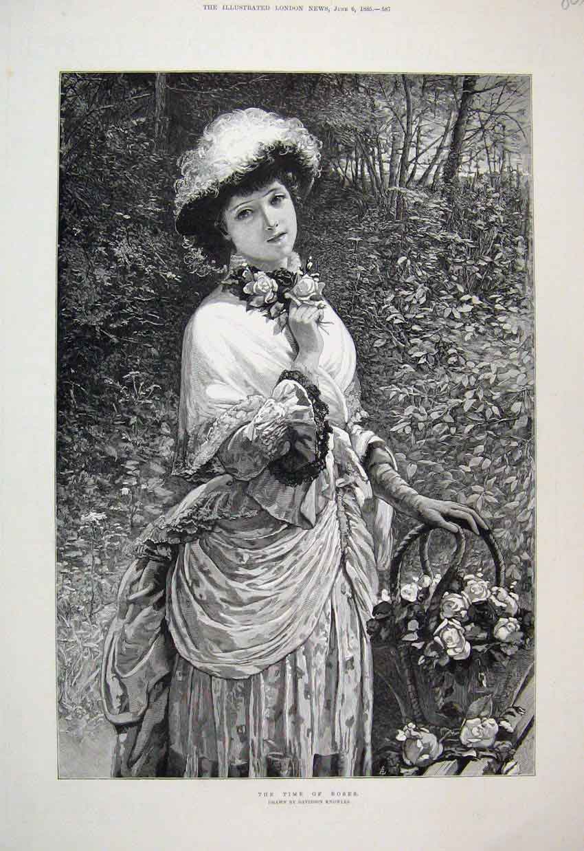 Original Old Antique Print 1885 Woman Gathering Roses Country Fine Art 19th