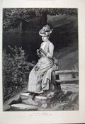 Original Old Antique Print 1889 Woman Picking Daisy Country Fence Fine Art 19th