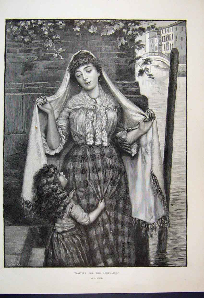 Original Old Antique Print 1891 Woman Child Waiting Gondolier Fine Art 19th