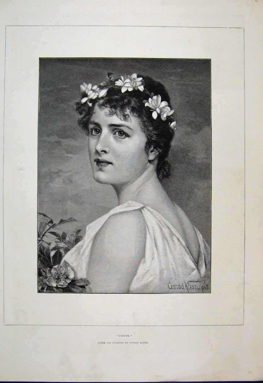 Original Old Antique Print 1891 Undine Woman Flowers Portrait Fine Art 19th