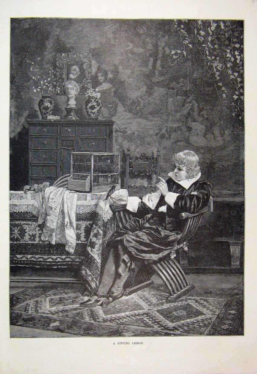 Original Old Antique Print 1894 Singing Lesson Bird Man Chair Fine Art 19th