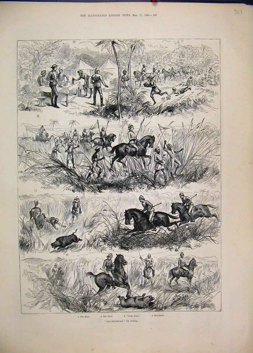 Original Old Antique Print 1884 Pig Sticking India Horses Spear 19th