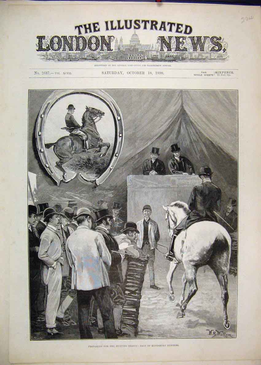 Original Old Antique Print 1890 Hunting Season Sale Kingsbury Hunters Victorian
