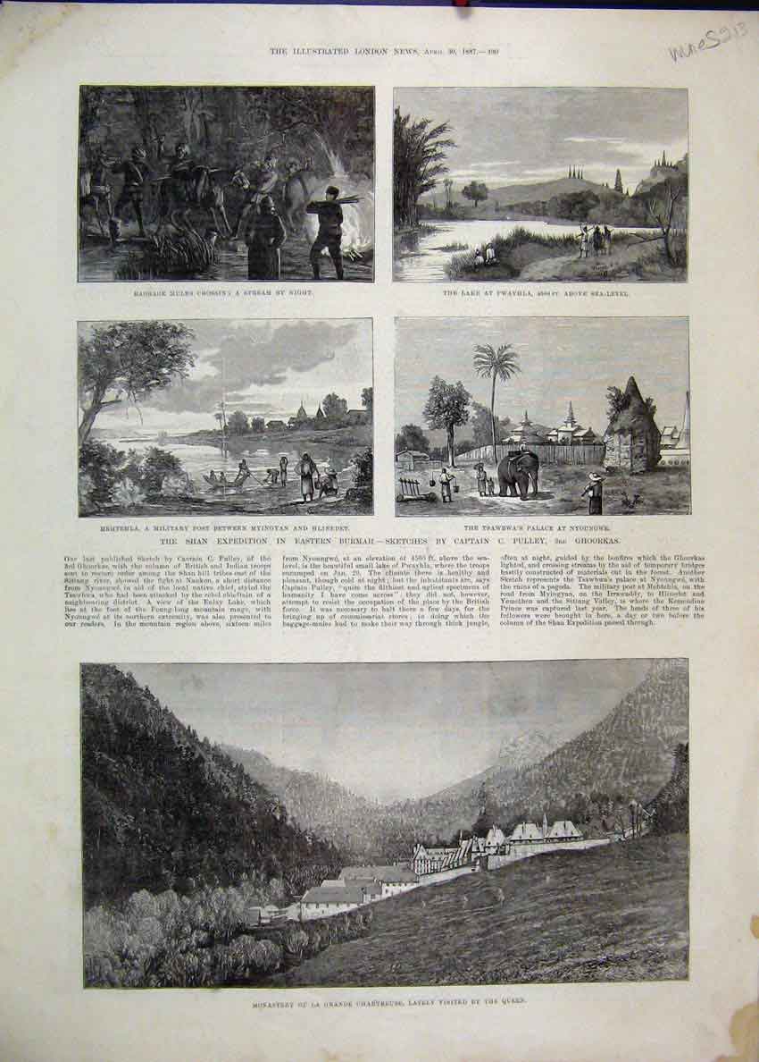 Old Antique Print 1887 Shan Burmah Monastery Grande Pwayhla Mehtehla Post 19th