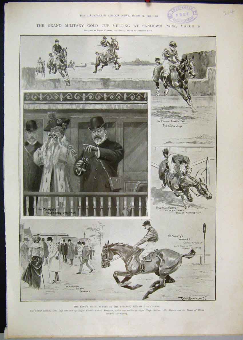 Original Old Antique Print 1903 King Grand Military GCup Sandown Paddock 20th