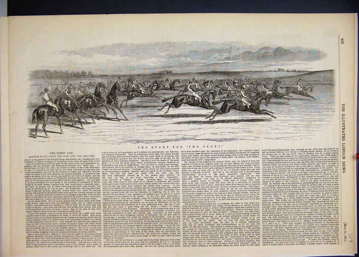 Original Old Antique Print 1851 Derby Horse Race Jumping Animals 19th