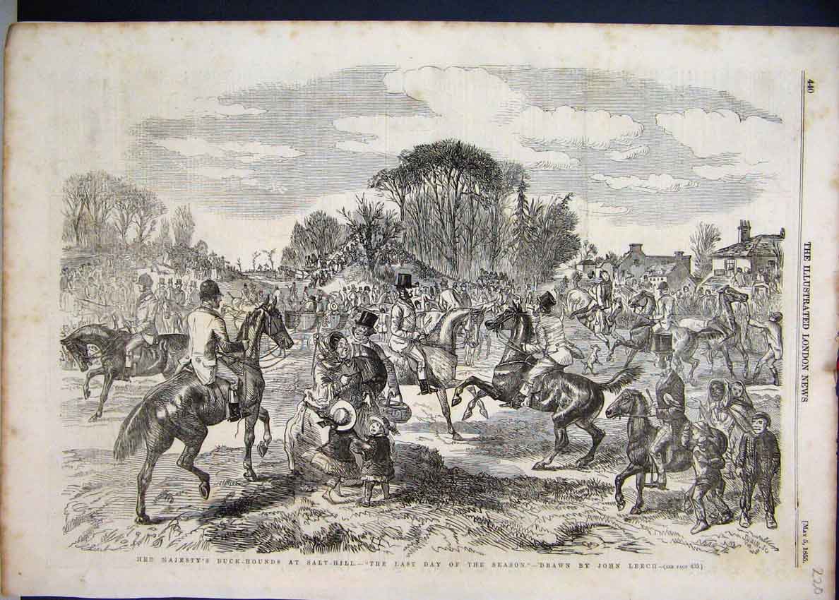 Original Old Antique Print 1855 Majesty Buck Hound Salt Hill Horses Victorian