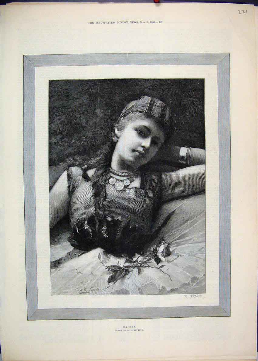 Original Old Antique Print 1883 Portrait Haidee Seymour Beautiful Fine Art 19th