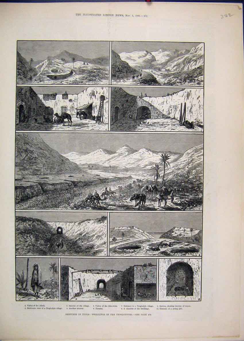 Original Old Antique Print 1882 Tunis Dwelings Troglodytes Valley Adeji Sketches