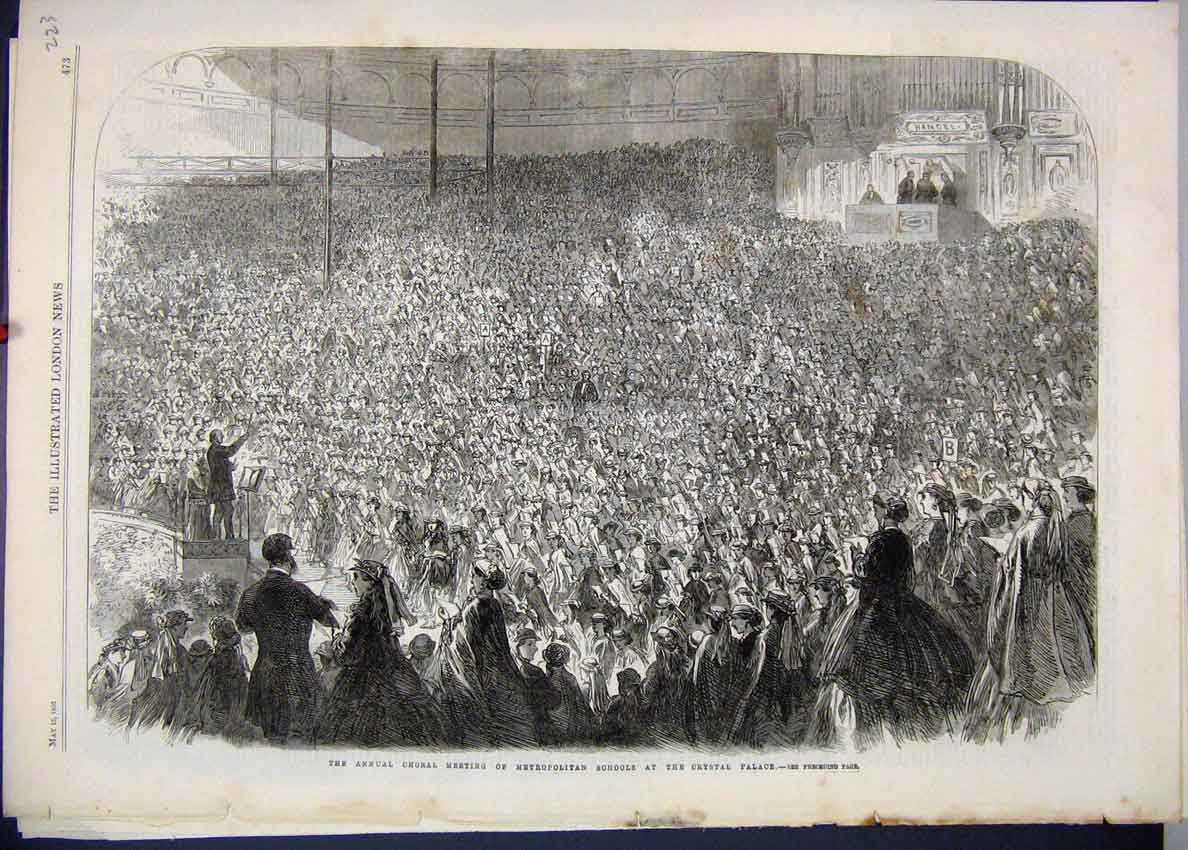 Old Antique Print 1866 Choral Meeting Metropolitan Schools Crystal Palace 19th