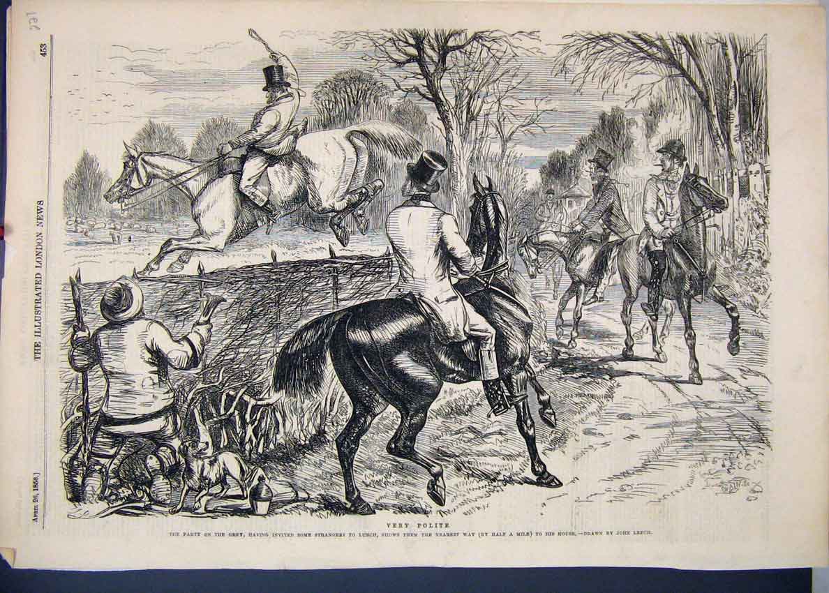 Original Old Antique Print 1856 Horses Jumping Party Dog Beautiful Victorian