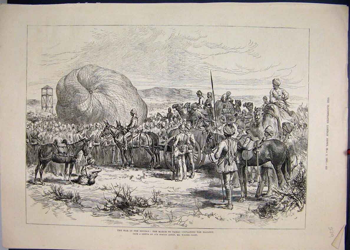 Original Old Antique Print 1885 War Soudan March Tamai Inflating Balloon Sketch