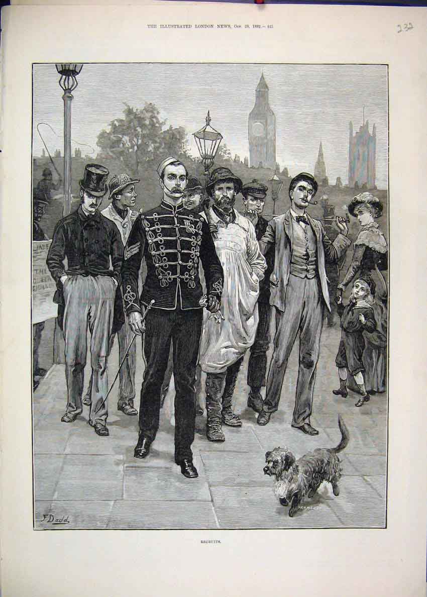 Original Old Antique Print 1882 Sier Recruits Dog Street Scene 19th