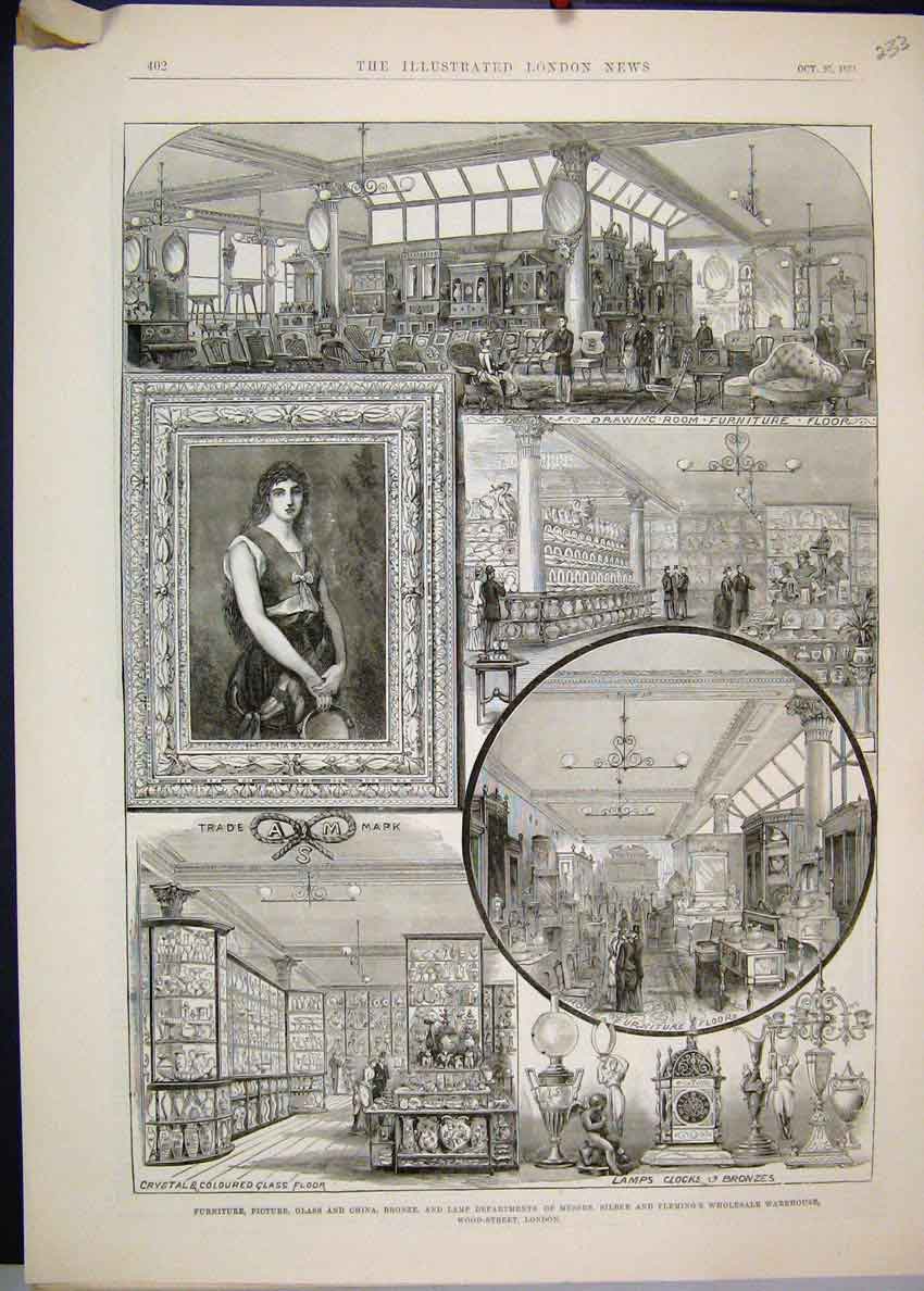 Original Old Antique Print 1884 Silber Fleming Warehouse Wood Street Victorian