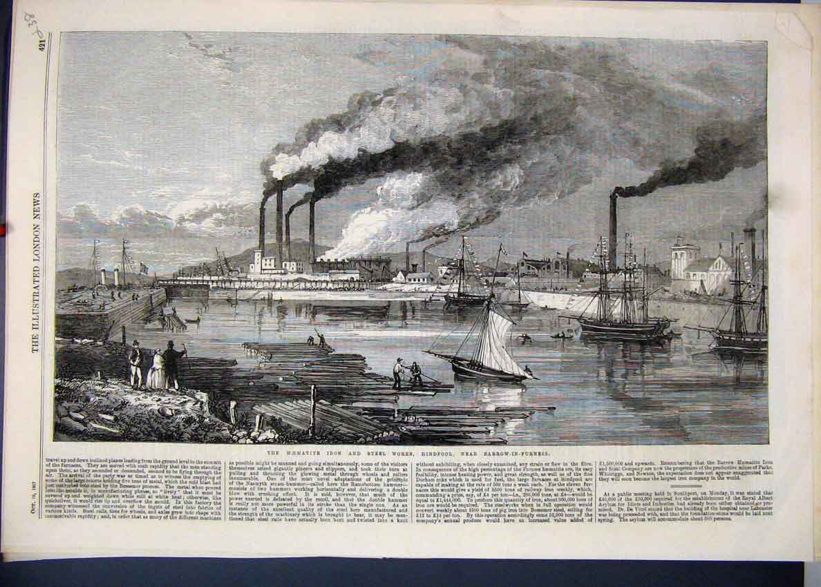 Original Old Antique Print 1867 Hematite Iron Steel Works Hindpool Barrow 19th