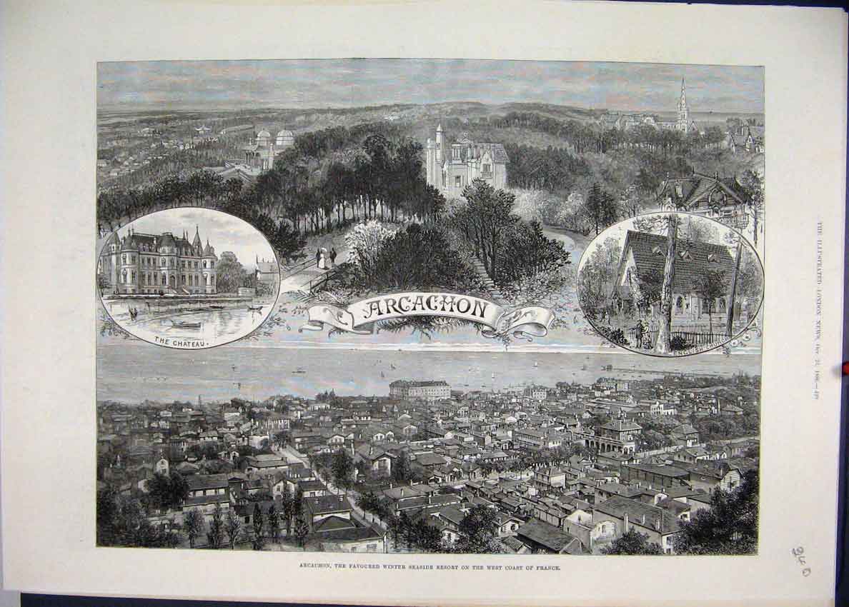 Original Old Antique Print 1886 Arcachon Winter Seaside Resort West France 19th