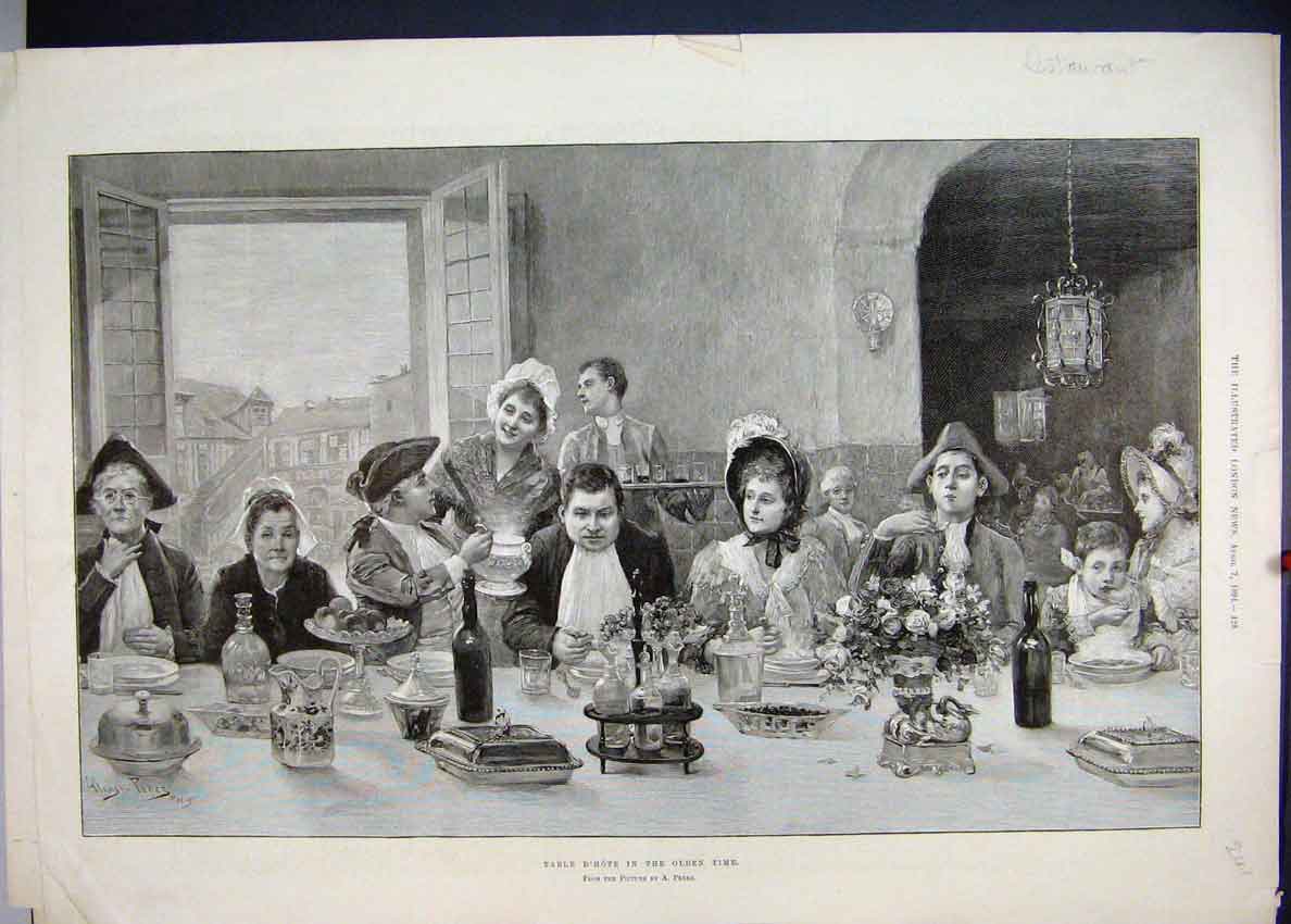 Original Old Antique Print 1894 Restaurant en Time Table Dhote 19th