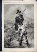Original Old Antique Print 1865 Catching Fish Nets River Man Boy Winter 19th