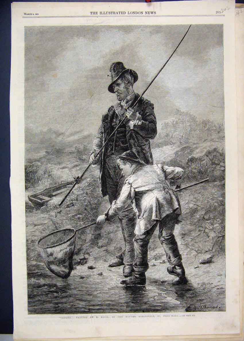 Original Old Antique Print 1865 Catching Fish Nets River Man Boy Winter 19th