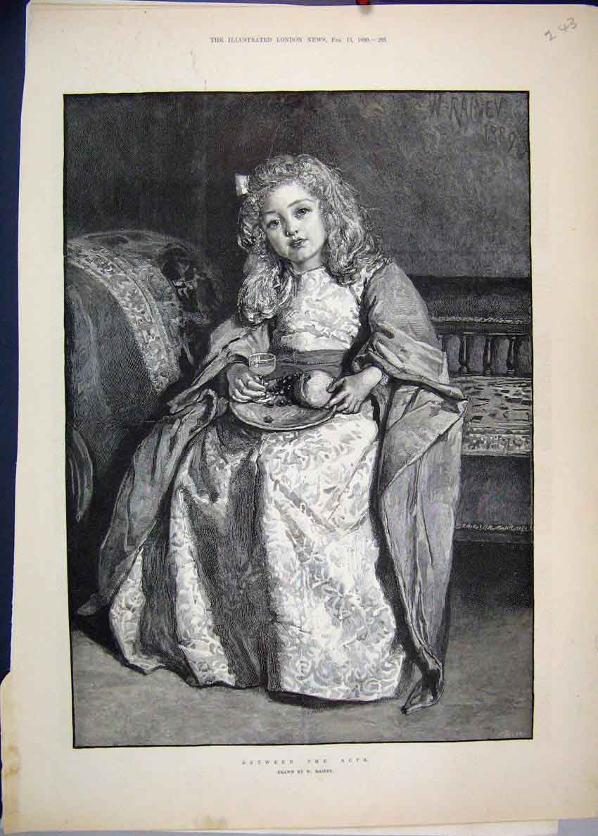 Original Old Antique Print 1890 Little Girl Theatre Eating Beautiful Victorian