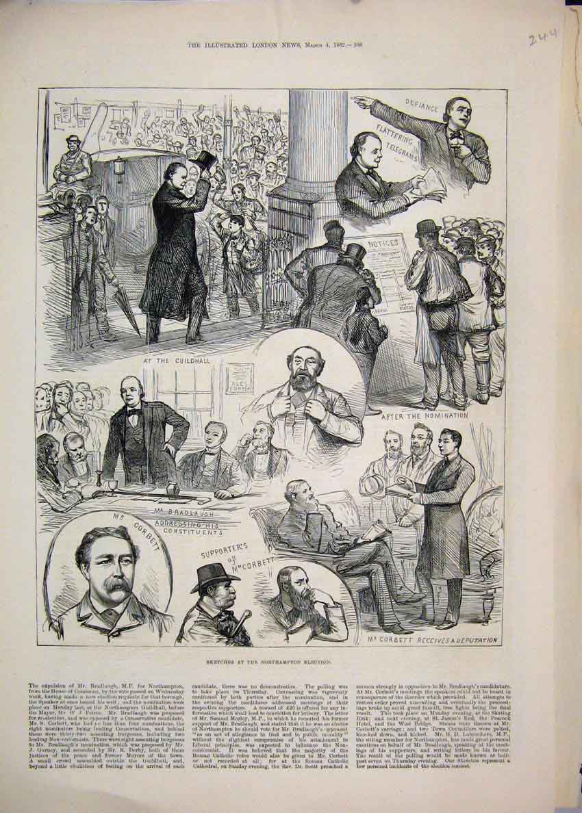 Original Old Antique Print 1882 Northampton Election Corbett Bradlaugh Sketches