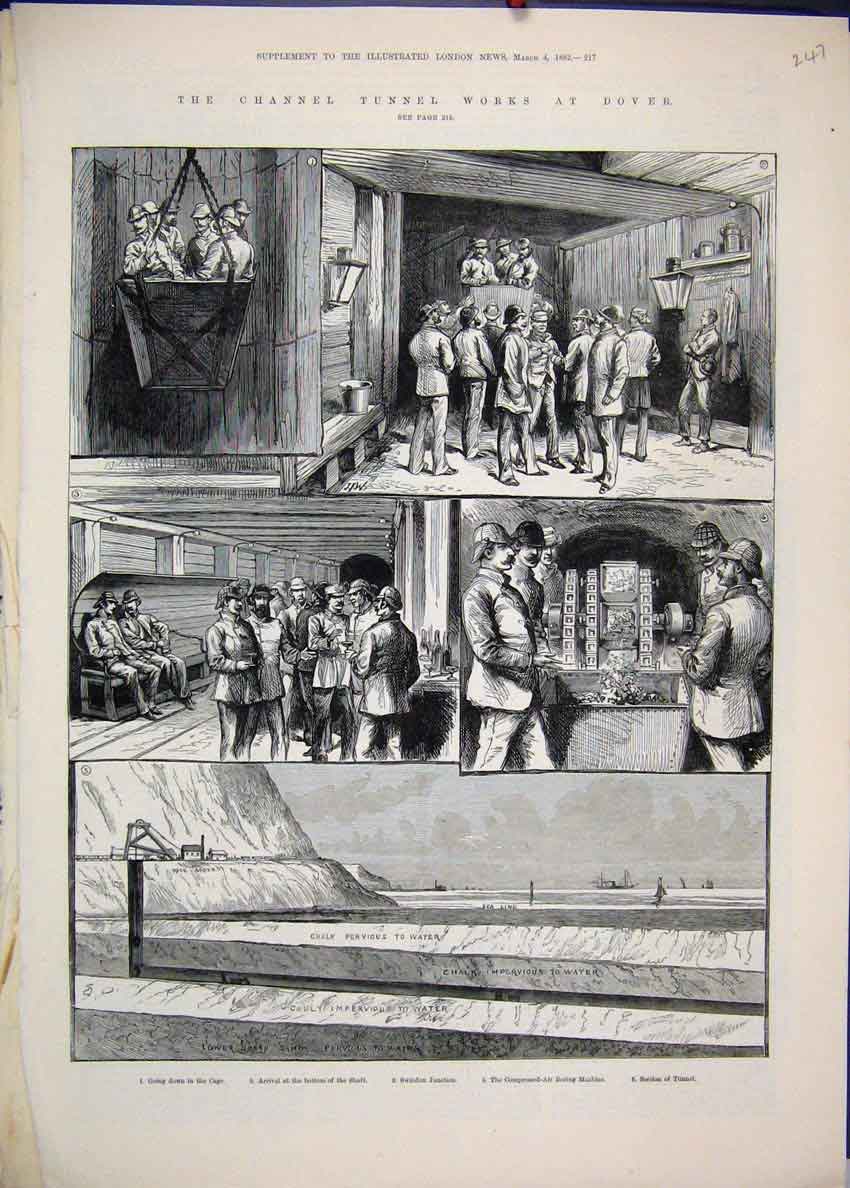 Original Old Antique Print 1882 Channel Tunnel Works Dover Swindon Junction Pri