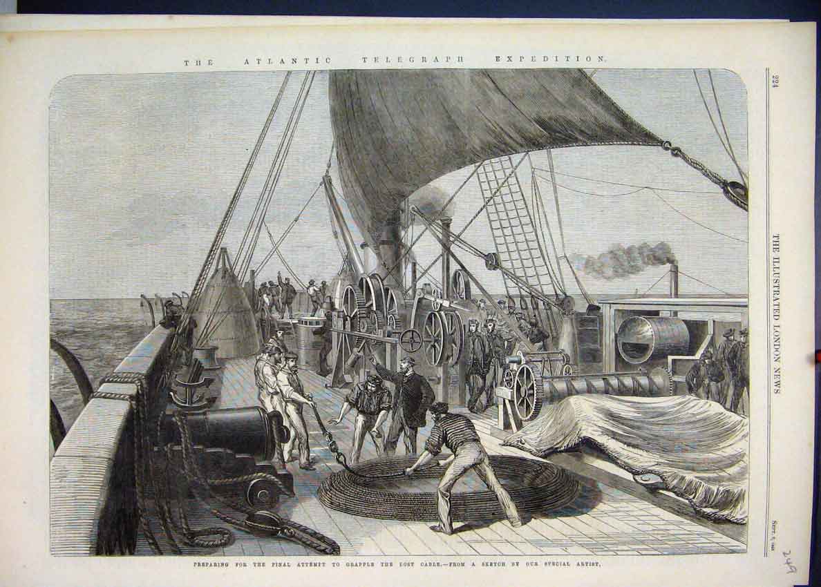Old Antique Print 1865 Atlantic Telegraph Expedition Grapple Cable Sketch 19th