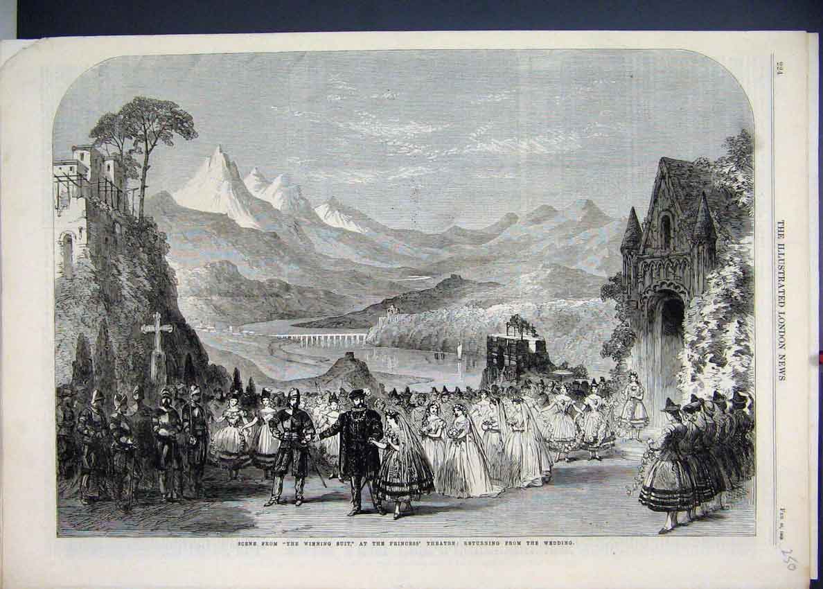 Original Old Antique Print 1863 Winning Suit Princess Theatre Wedding Victorian
