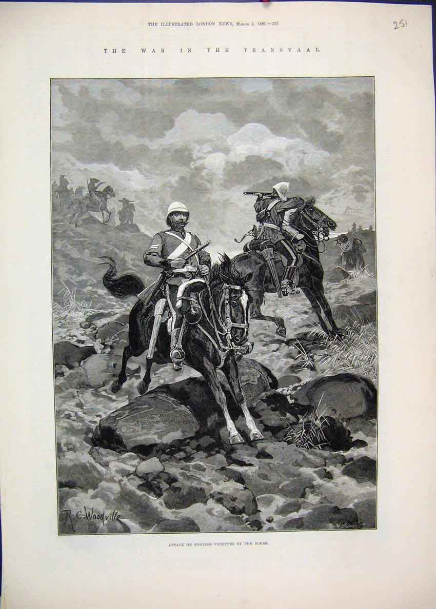 Old Antique Print 1881 Attack English Vedettes Boers Horses War Fine Art 19th
