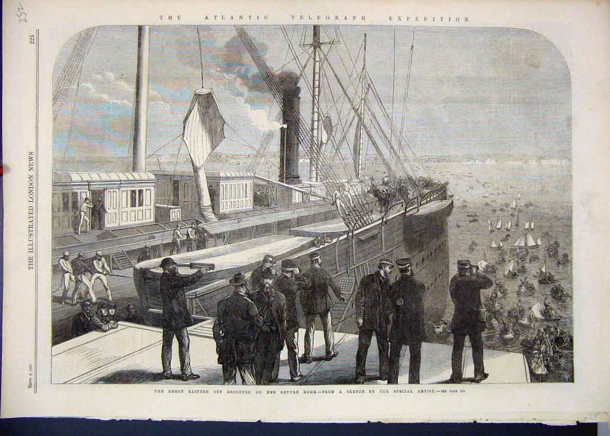 Original Old Antique Print 1865 Great Eastern Brighton Ship Return Sketch 19th