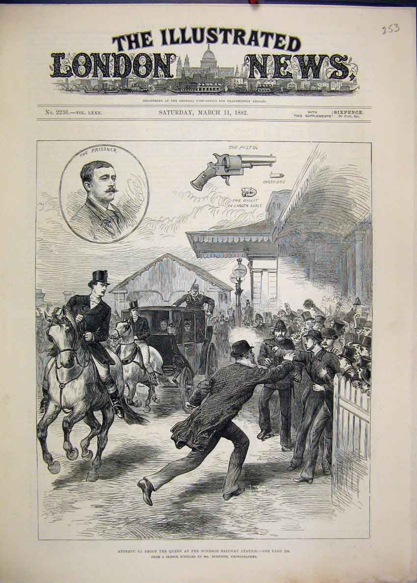 Old Antique Print 1882 Attempt Shoot Queen Windsor Railway Station Sketch 19th